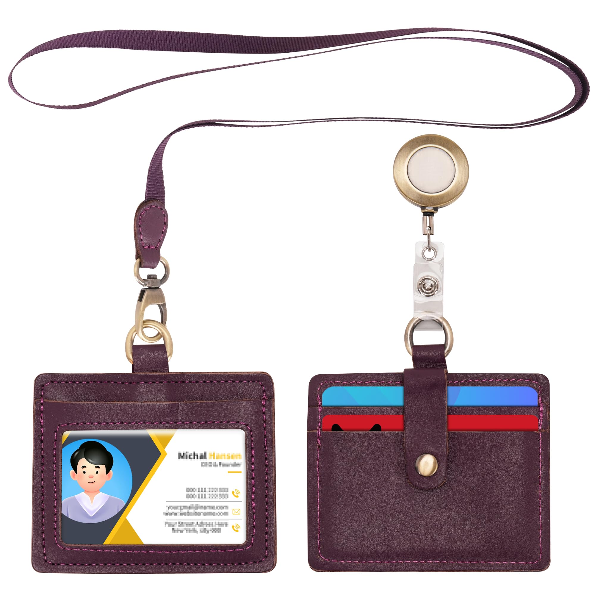 Wonderpool Leather Horizontal Badge Holder with Detachable Neck Lanyard and Retractable Badge Reel Clip, Card Slots Case ID Card Holder for ID Badges Card and Driver Licence (Purple)