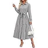 Caracilia Women Long Sleeve Maxi Dress 2026 Spring Casual Button Down Striped Plaid Tie Waist Shirt Dresses Vacation Outfits