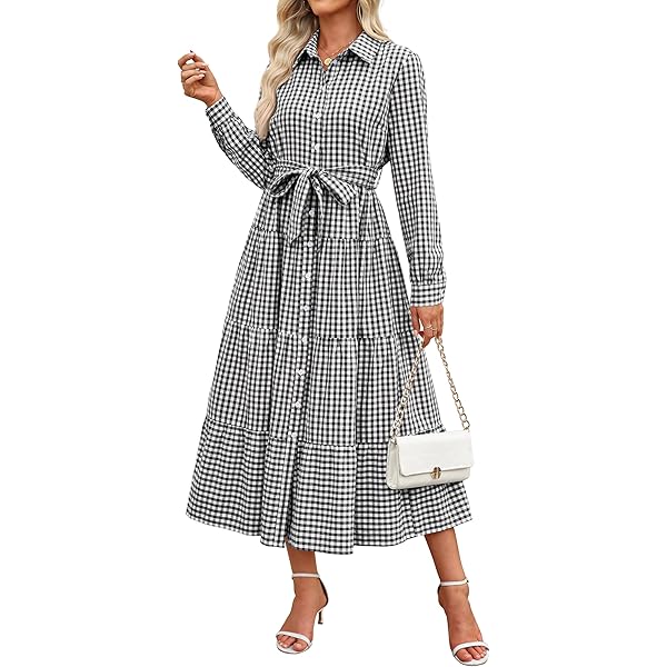 chouyatou Women's Retro Plaid Button Up Maxi Shirt Dress 3/4