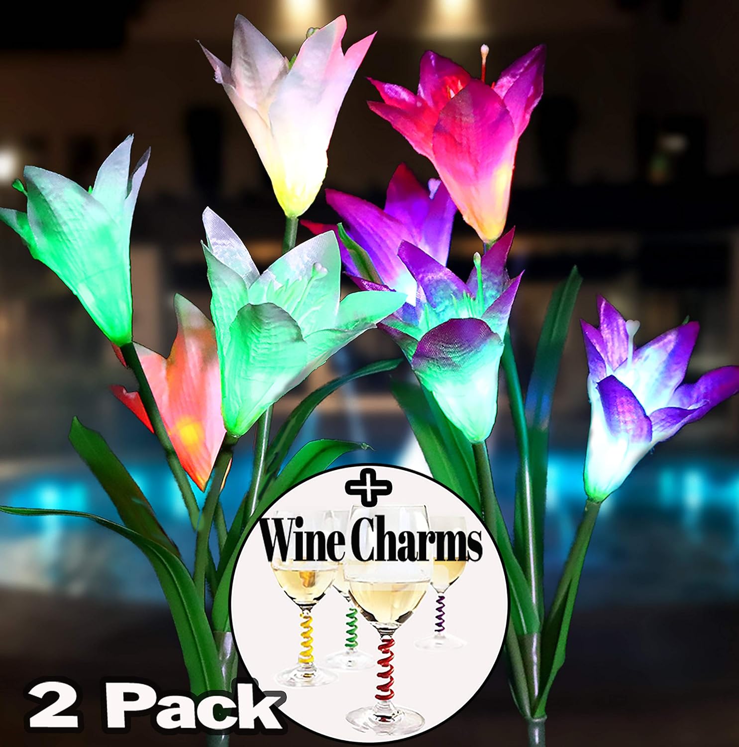 Solar Flowers | Outdoor Garden Solar Lights | [2] Pack + Bonus Gift, a Set of [4] Wine Charms | Great for Balcony outdoor decor, backyard outdoor decorations, Yard Art | LED Color Changing Lights !