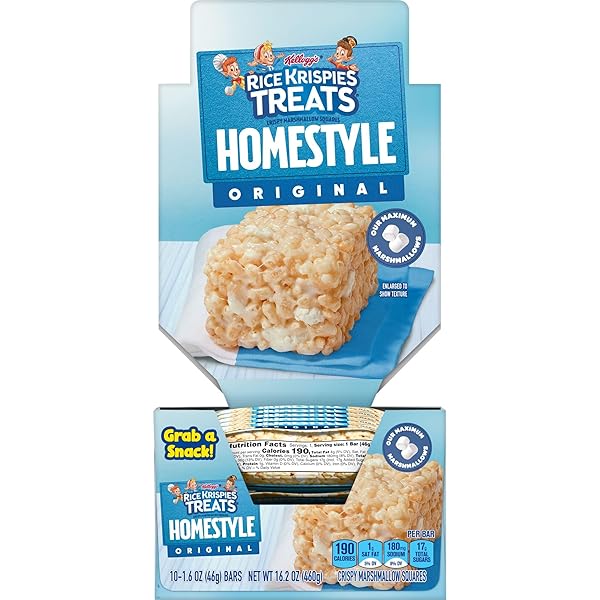 RICE KRISPIES TREATS HOMESTYLE CRISPY MARSHMALLOW SQUARES, KIDS SNACKS, LUNCH SNACKS, ORIGINAL, 16.2OZ BOX (10 BARS)