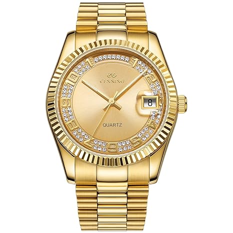 BUREI Herren Damen Klassische Analog Quarz Armbanduhr Full Gold Dial mit Zahlen und Strass Datum Fenster Edelstahlgehäuse und