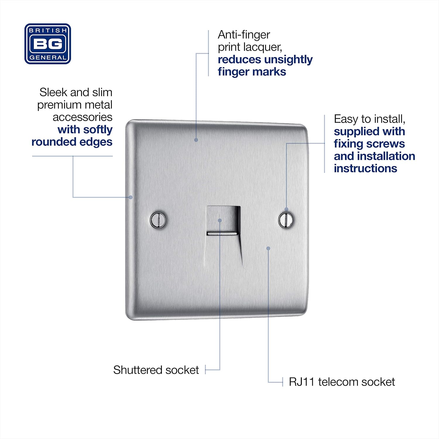BG Electrical RJ11 Single Telephone Socket, Brushed Steel - Image 4
