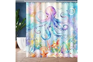 JWXCBIM Colorful Octopus Ocean Shower Curtain, Nautical Bathroom Shower Curtain Decorative Set, Waterproof Polyester Fabric Bath Curtain with 12 Hooks 72x72 Inches