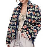 YKR Women's Cropped Puffer Jacket Floral Print Quilted Puffer Jackets Open Front Lightweight Short Jacket Trendy