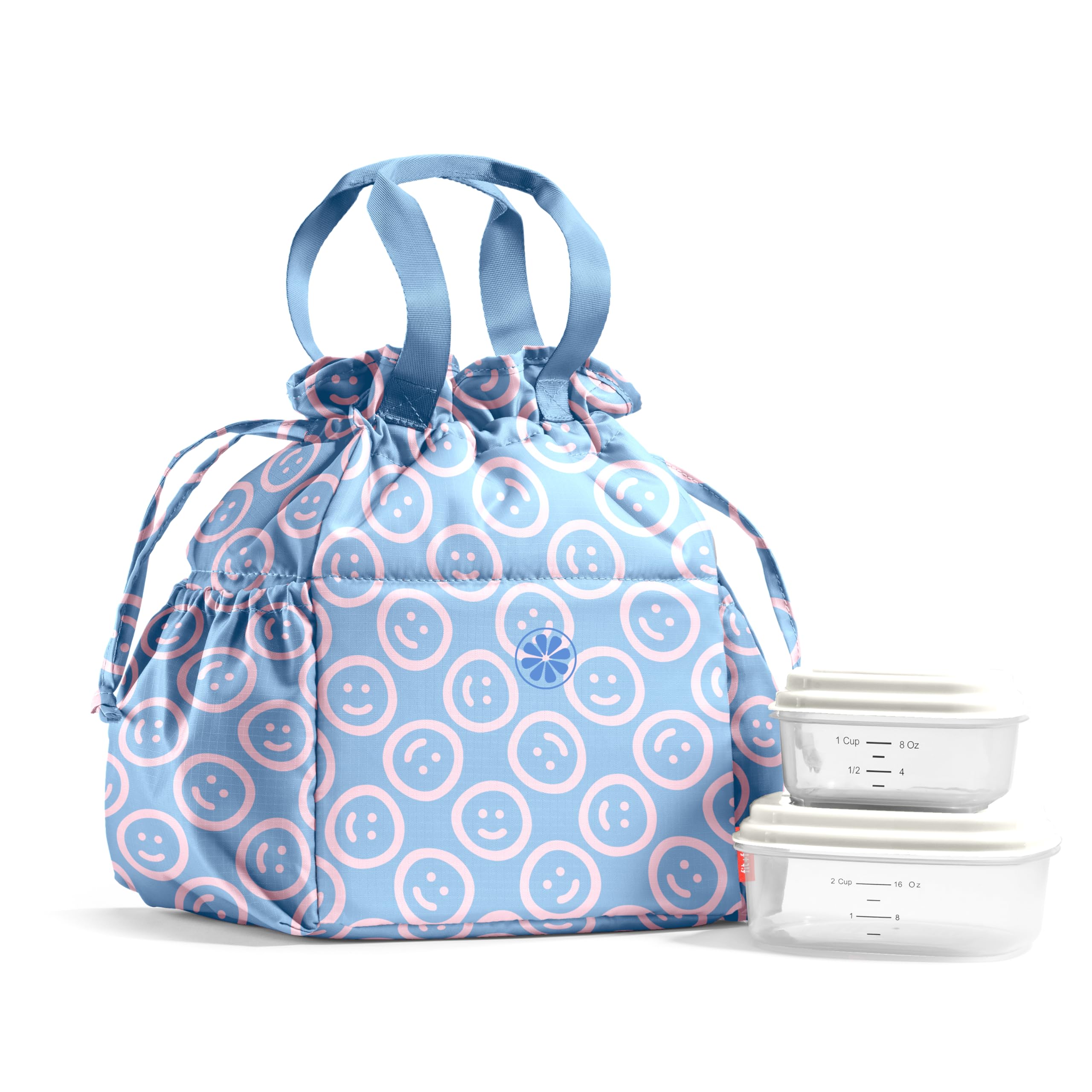Fit & Fresh Cromwell Drawstring Lunch Bag for Women, Complete Lunch Set with 2 Containers, Stain-Resistant, Leak-Resistant, Back to School Essential, Teacher Lunchbox, All Smiles Bubble Gum Image