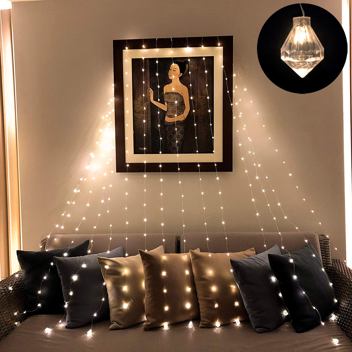 Linkind Copper Wire Fairy String Lights, Curtain Light with Diamond Shape Pendants, 8mode Wall Decorations, Power Supply Low Voltage Safe led Lights.
