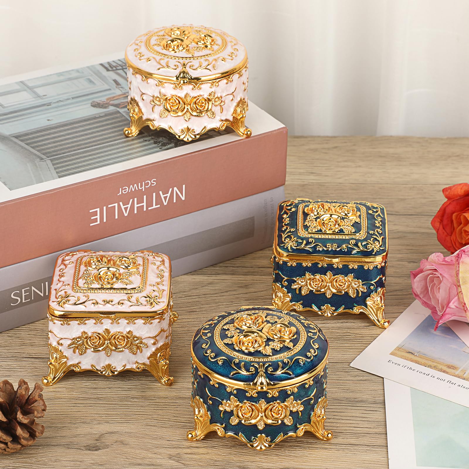 Hipiwe Vintage Round Jewelry Box Small Trinket Storage Organizer Box Gold Metal Chest Ring Case Treasure Box Keepsake Box Earrings Necklace Storage Box Gift for Women, Small