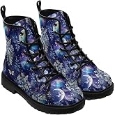 FQLGJMY Women's Ankle Boots with Animals Moon Skull Flowers Floral Print Stylish Gothic Platform Lace-up Leather Combat Booties for women Travel Everyday Halloween Christmas Party