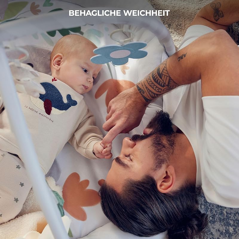 COZYPLAY Spielmatte für Babys, Spieldecke mit Aktivierende 4 Spielzeugen, Praktisch - maschinenwaschbar, 2 weiche Spielbögen, Komfortable Lagerung