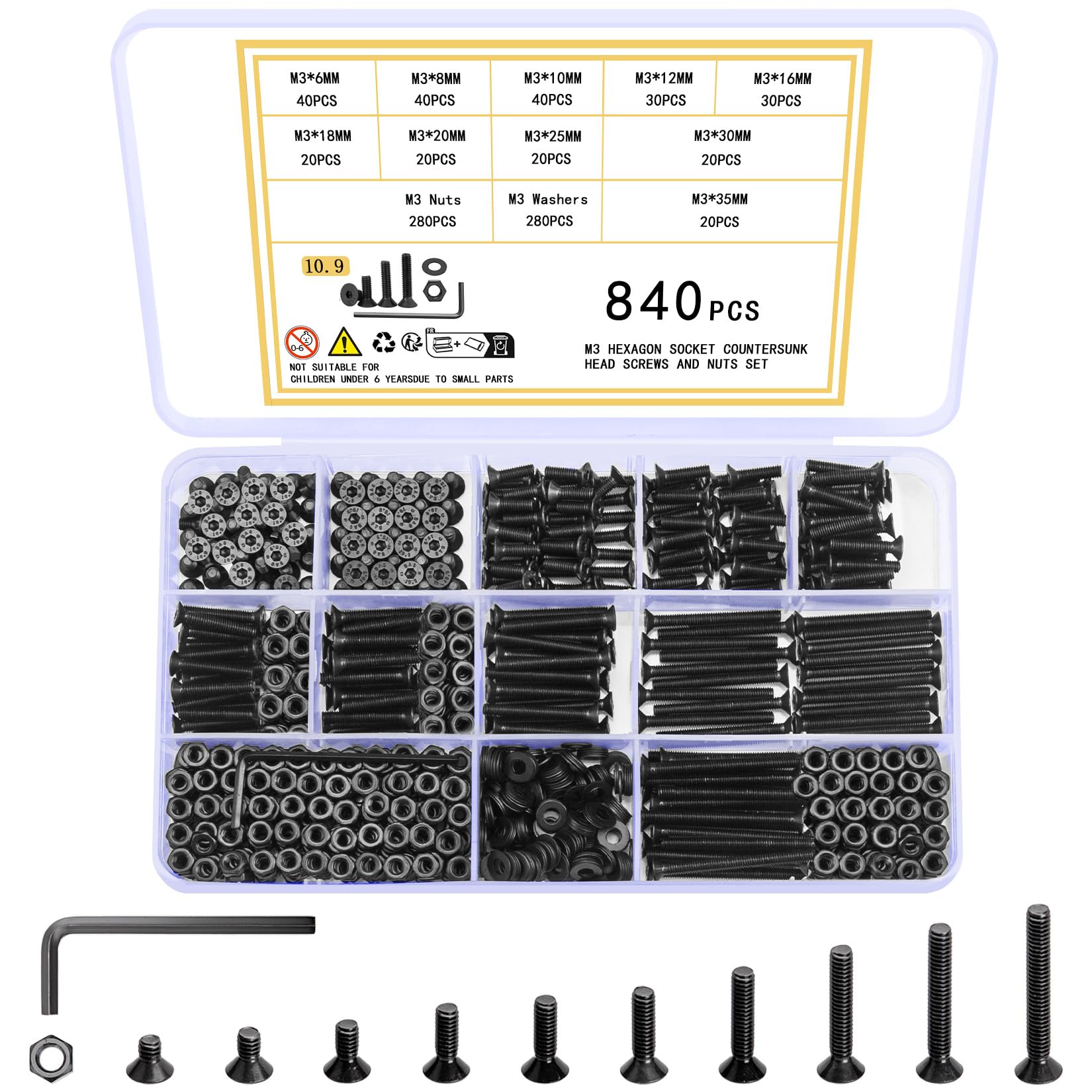 Ewwtrey 840 Pcs M3 Screws Set, Countersunk Hex Socket Head Cap Screws and Nuts Set, M3 Bolts and Nuts Assortment, Hexagonal Flat Head Machine Screw, with Wrench