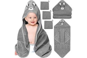 SUBLAGA 4 PCS Hooded Baby Towels, Soft Baby Towel, Absorbent Baby Bath Towel, Baby Towels and 3 PCS Baby Washcloths for Newborns, Toddlers, and Kids, 32x32 in Baby Towel with Hood for Boy and Girl (Gray Bear)