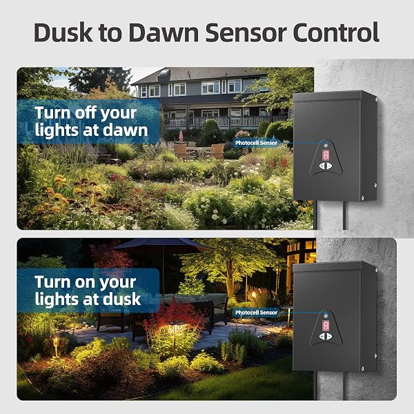 LOW VOLTAGE LANDSCAPE TRANSFORMER, 300W OUTDOOR LOW VOLTAGE TRAMS FORMER WATERPROOF, DUSK TO DAWN SENSOR CONTROL, 120VAC TO 12 V, 2 OUTPUTS FOR OUTDOOR LANDSCAPE LIGHTINGS, ETL LISTED (200, WATTS)
