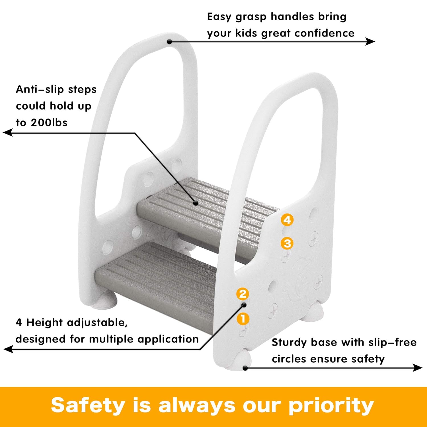 Two Step Stool with Handrails for Toddler and Kids, Standing Learning Tower for Bathroom Sink, Toilet Potty Training, Kitchen Counter with Safety Handrails and Non-Slip Pads (Gray, Height Adjustable) : Baby
