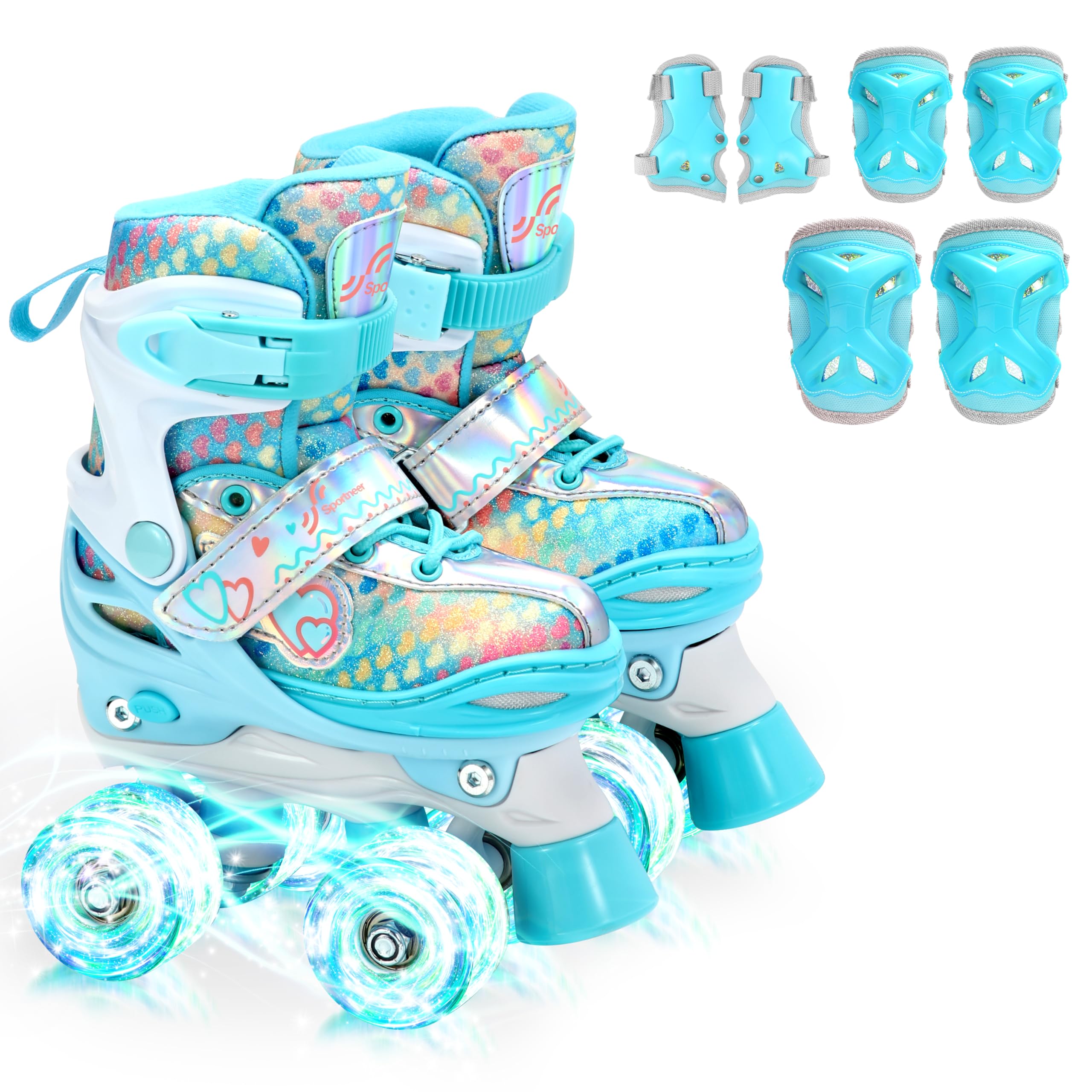 Children's Adjustable Roller Skates, Size 26-37 with 6 Children's Protectors Set and LED Luminous Wheels for Girls Image