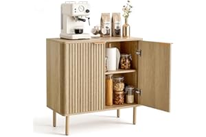 VEVOR Coffee Bar Cabinet, Mid Century Fluted Coffee Bar Table with 2-Tier Storage, Buffet Stand Cabinet with 2 Barn Door, Sid