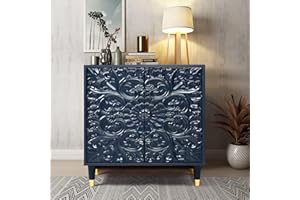 weselon Accent Cabinet with 2 Doors, Luxury Carving Board Storage Sideboard with Adjustable Shelves, Buffet Cabinet Entryway Table for Living Room (Gray Blue)
