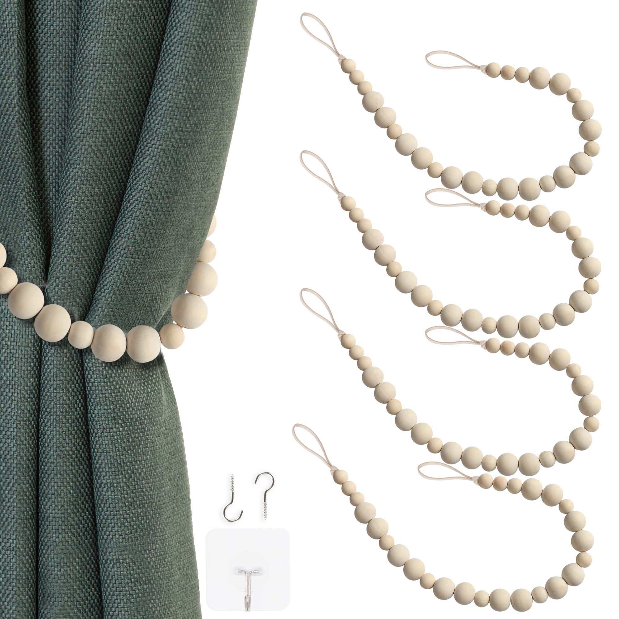 4 Pcs Wood Bead Curtain Tiebacks Curtain Ties Curtain Holdbacks Curtain Tie Back with Hooks for Home Wall Holiday Decoration (Wood Color, 4)