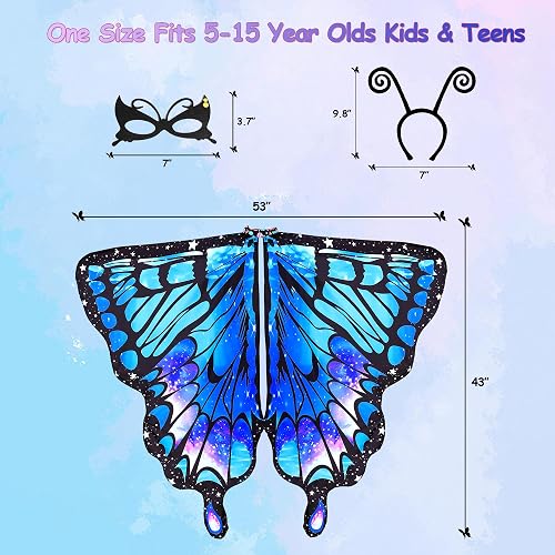Tibeha Butterfly Wings Costume For Girls – Halloween Fairy Cape With Mask, Headband & Hair Clips - View #9