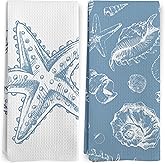 BitKAM Coastal Beach Kitchen Towels Set of 2, Ocean Starfish Seashell Conch Beachy Dish Tea Towels for Kitchen, Retro Blue Coastal Nautical Decorative Hand Towels for Bathroom, 16x24 Inches