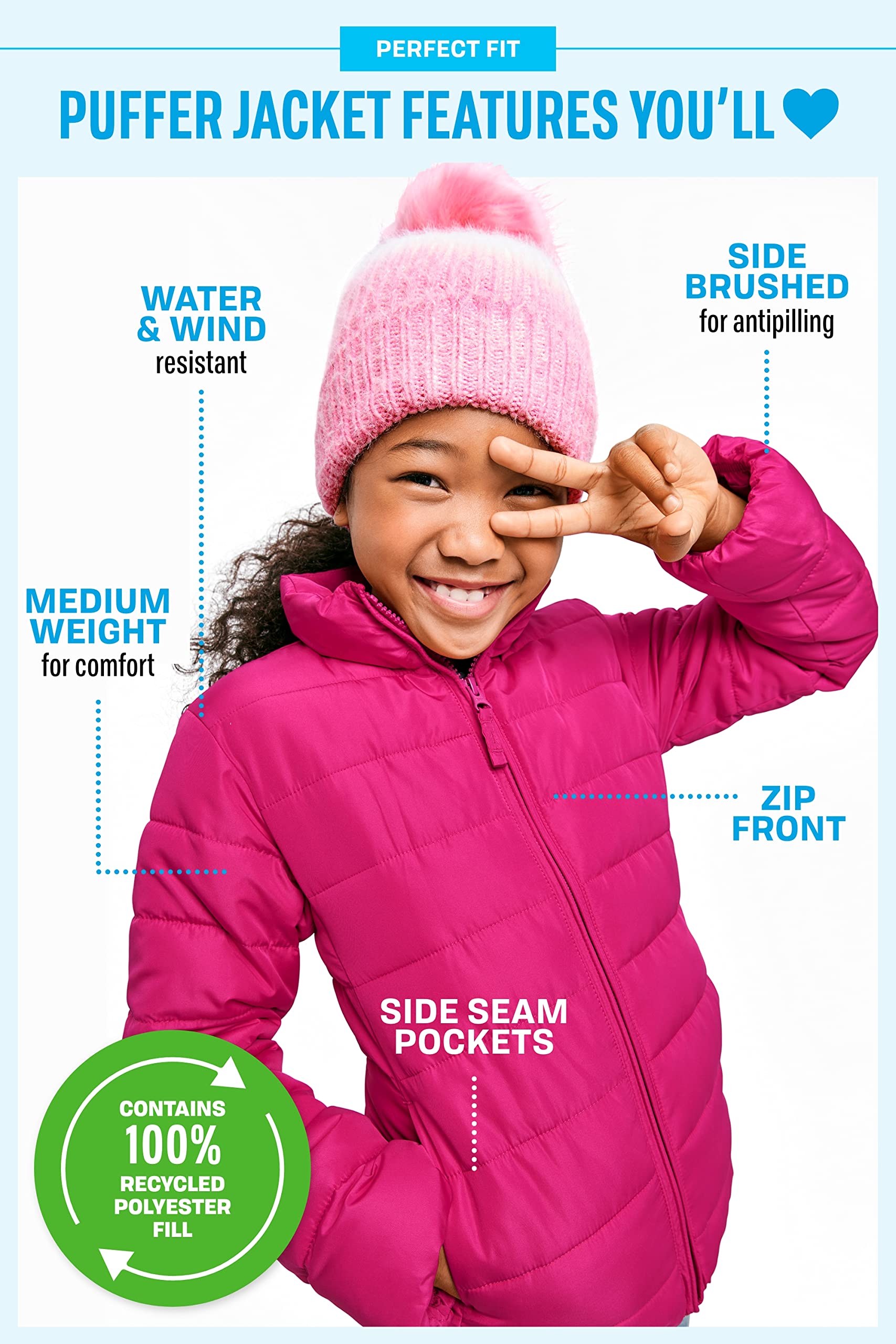 The Children's Place Girls' Medium Weight Wind-Resistant, Water-Resistant Puffer Jacket