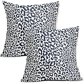 Navy Blue White Leopard Print Pillow Covers 18X18 Inch Set of 2 Cheetah Animal Spots Decorative Pillow Cases Preppy Chinoiserie Linen Cushion Case Farmhouse Home Decor For Sofa Couch Porch Outdoor