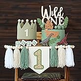 Wild One High Chair Banner for 1st Birthday Party Boy Decorations with Green Tassel Garland Crown Hat Cake Topper