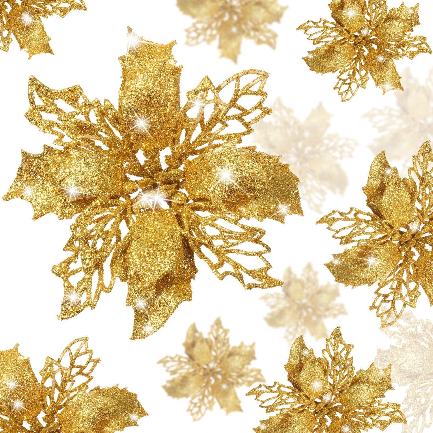 KAHEIGN 36Pcs Christmas Poinsettia Flowers, Gold Glitter Artificial Poinsettia Flowers Christmas Tree Ornaments for Wedding, Home Party Decor (3 Size)