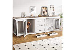 Rophefx 94.5" Dog Crate Furniture for 2 Dogs, Large Dog Kennel Furniture with 3 Storage Drawer, Wooden Dog Cage with 4 Bowls, Indoor Dog House TV Stand with Locks for Large Medium Dog, White Brown