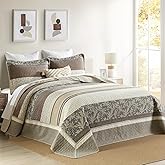 QuiltMuse Farmhouse King Size Bedspread 120"x120" - 100% Cotton Lightweight Oversized King Quilt with 2 Pillowshams, Botanical Striped Quilted Bedding Coverlet Set for All Season, 3Pcs, Beige/Brown