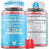Phosphatidylserine Supplement 100mg, Kids Focus Gummies + Vitamin C &amp; D3 | Kids Brain Gummies, Sugar Free Chewable Gummies for Back to School &amp; Learning, Vegan, Gluten Free, Orange Flavor, 2 Pack