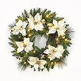 24 Inch Christmas Wreath with Pre-Lit LED Lights, Artificial Cypress Pine Leaves Decor, Christmas Decoration for Front Door, Window, Indoor and Outdoor Use, Gold