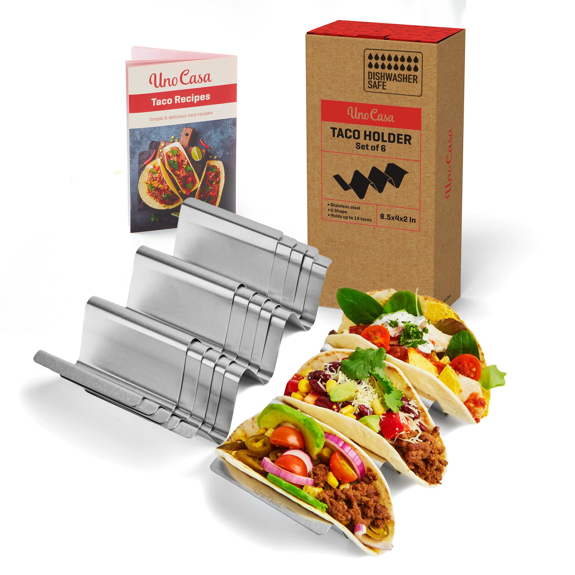 Uno Casa Taco Holders Set of 6 - Metal Holder for Taco Shells - Durable Stand for U-Shaped Rack - Perfect for Serving, Baking, and Grilling - Includes Recipe Book for Delicious Mexican Creations