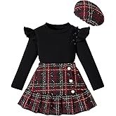 Yagudu Toddler Girl Outfits Ruffled Long Sleeve Top Plaid Tweed Skirt and Beret Set Fall Winter Girls Clothes Size 3-8