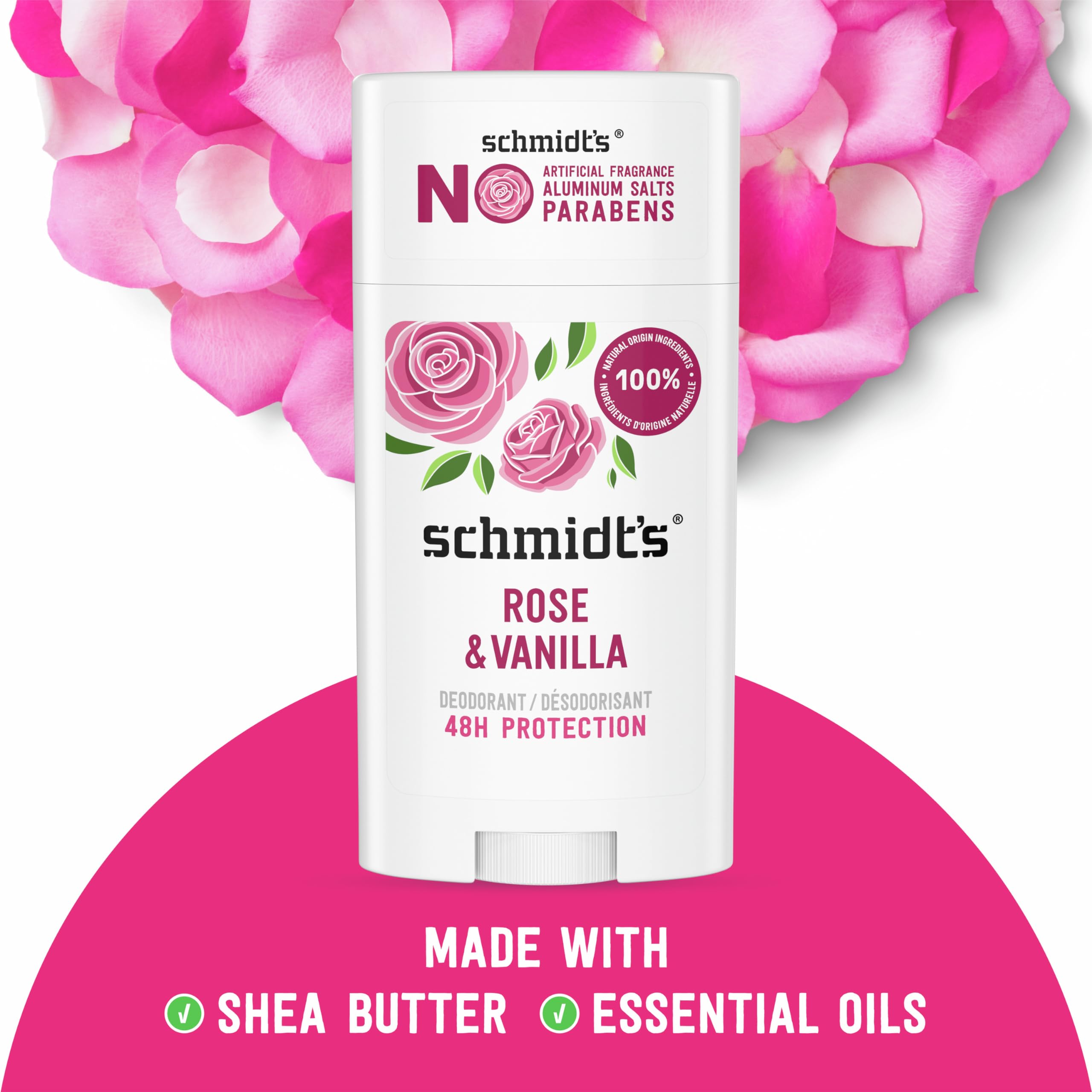 Schmidt's Aluminum-Free Vegan Deodorant Rose & Vanilla with 24 Hour Odor Protection 2 Count for Women and Men, Natural Ingredients, Cruelty-Free, 2.65 oz
