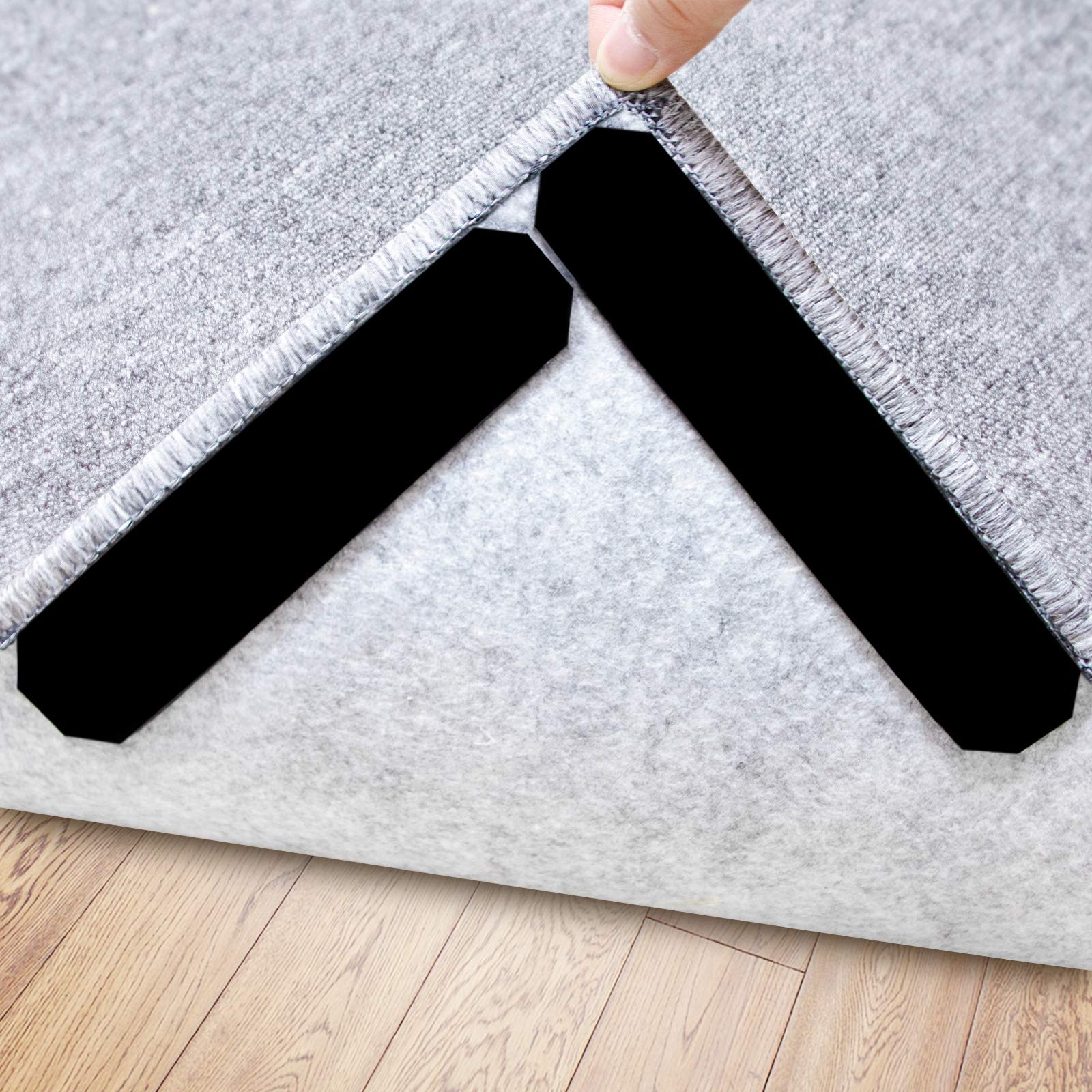 Rug Gripper, 16 Pcs Double Sided Anti Curling Non Slip Reusable Rug Pad, Washable Rug Tape for Hardwood Floors, Tile Floors, Carpets, Floor Mats, Wall (Black)