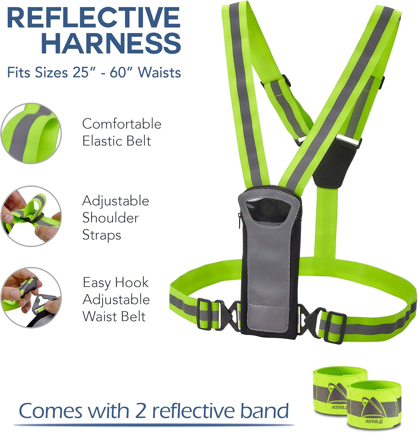 Athlé Reflective Vest with Phone and Storage Pouch, High Visibility, Adjustable Comfortable Stretch Waist Belt - for Safe Running, Jogging, Dog Walking, Biking and More : Sports & Outdoors