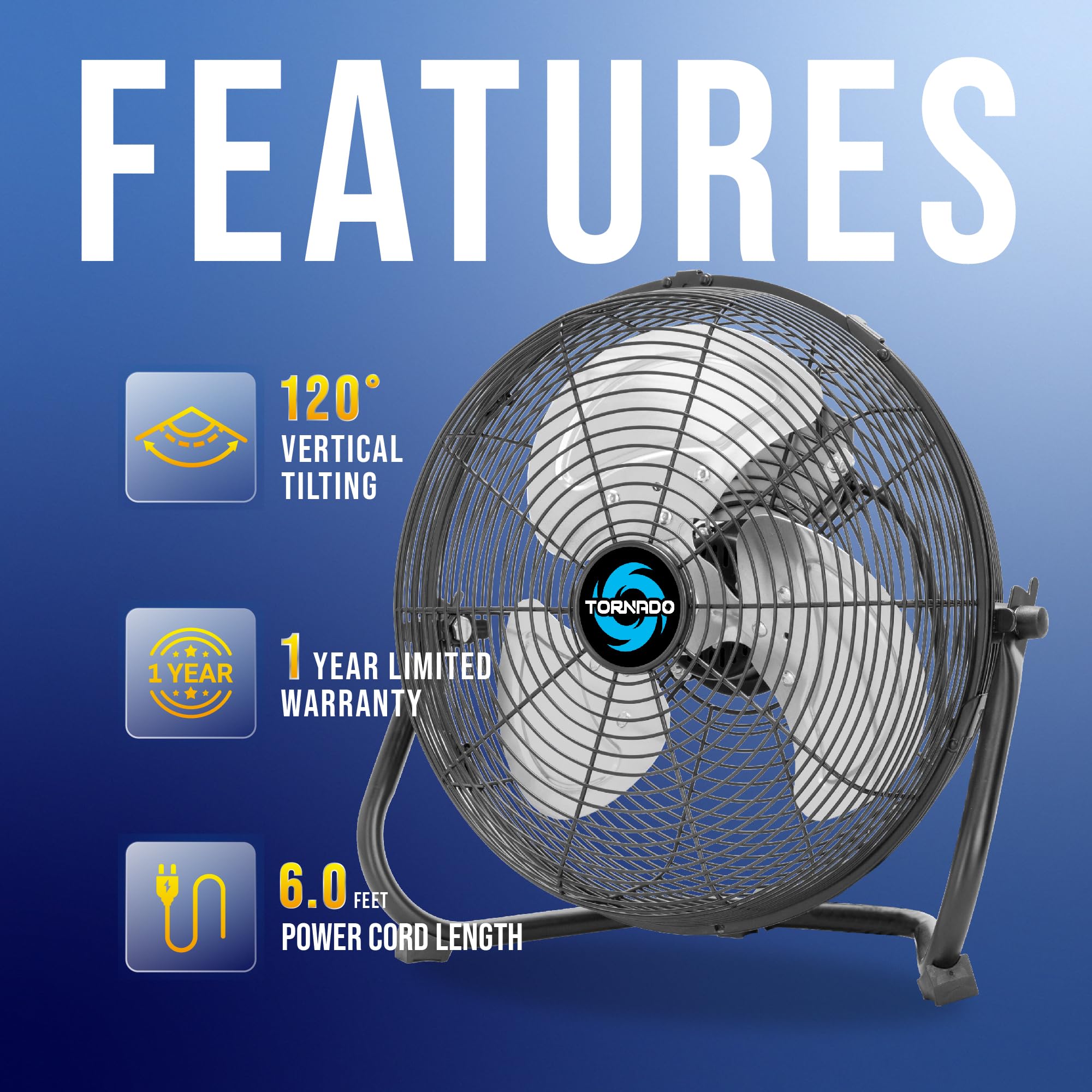 Tornado 12 Inch Industrial Powerful Metal Floor Fan, 3-Speed High Velocity Cooling Floor Fan for Industrial, Commercial, and Home Spaces, 120°Tilt, 6.0 FT Cord, Black