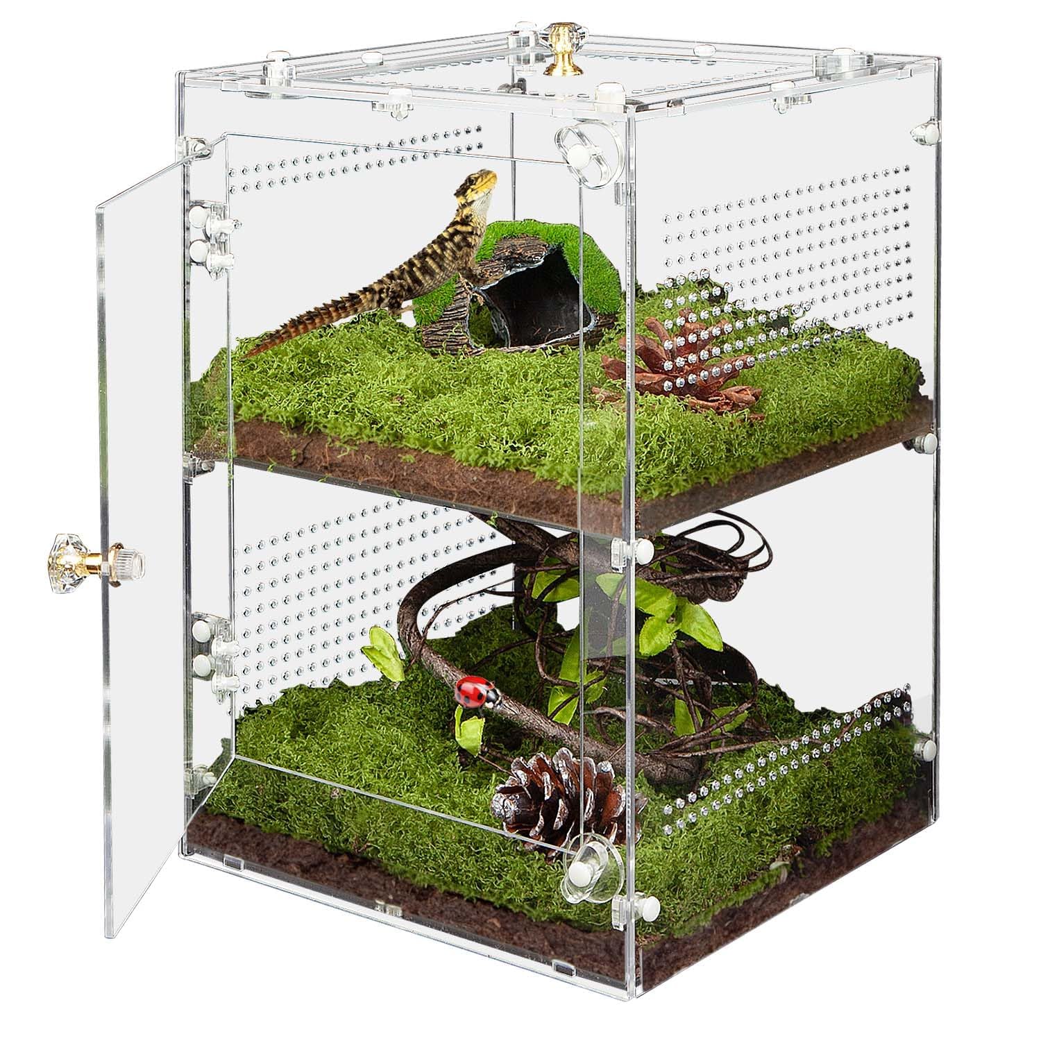 Photo 1 of TCooSo Large Jumping Spider Enclosure, 2 in 1 Acrylic Reptile Terrarium for Praying Mantis,Arboreal Tarantula,Frogs,Snails, 12"*8"*8" Breeding Habitat with Front & Top Opening Doors and Vent Holes
