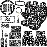 Tallew 26 Pieces Skeleton Cat Moon and Stars Car Seat Cover Full Set for Women Men Rubber Steering Wheel Cover License Plate Frame Mirror Covers Moon and Stars Car Accessories for SUV Truck(Skeleton)