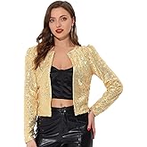 Allegra K Women's Halloween Sparkly Sequin Jacket Crop Open Front Long Sleeve Shiny Blazer