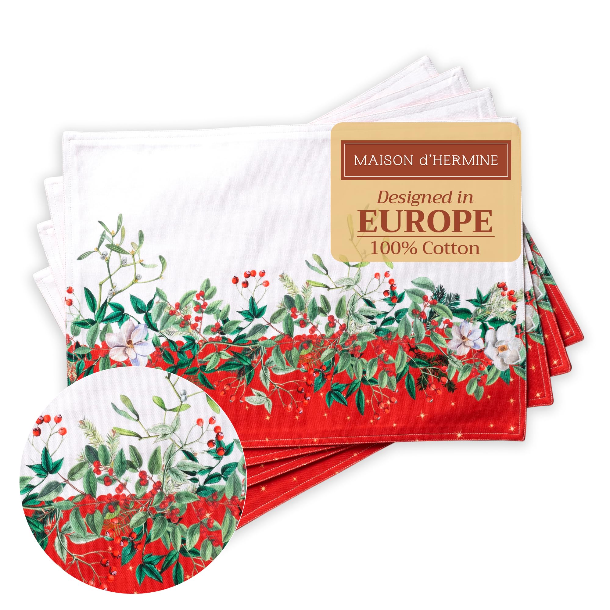 Maison d' Hermine Placemats Set of 4 100% Cotton Washable Cloth Place Mats, Reusable Table Mats for Thanksgiving Christmas Decorations Kitchen Dining Party Wedding Restaurant (Noel, 13" x 19") Image
