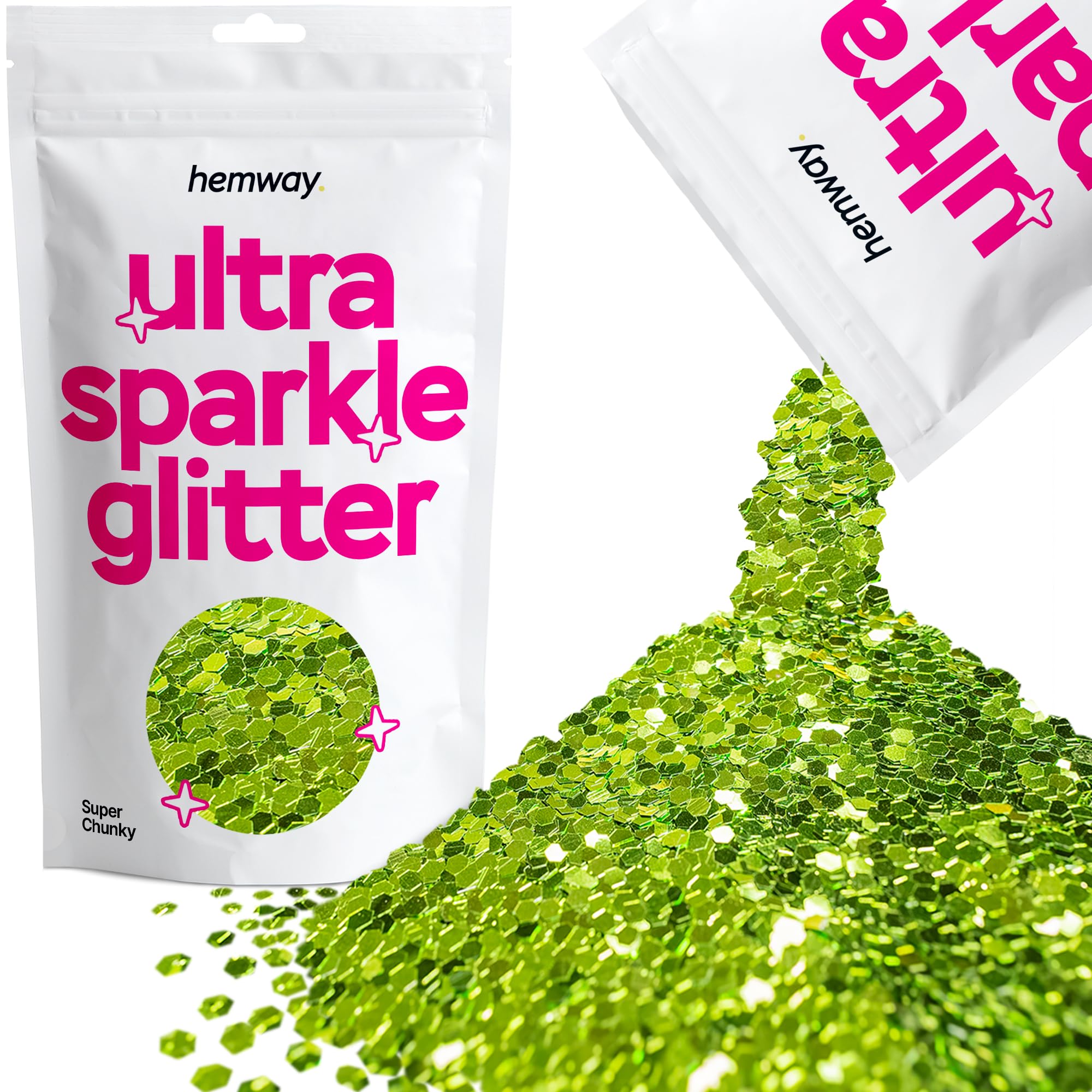 Hemway Ultra Sparkle Glitter Lime Green 100g Super Chunky | Glitter for Arts & Craft, Makeup, Nail Art, Crafting, Card Making, Sparkle Decoration