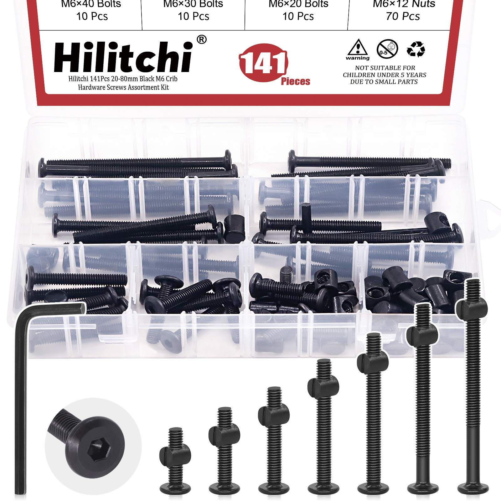 Hilitchi M6 140Pcs Black Hex Socket Head Screws Bolts Barrel Nuts Hardware Assortment Kit for Crib Baby Bed Furniture Cots and Chairs (20-80mm Assortment Kit)
