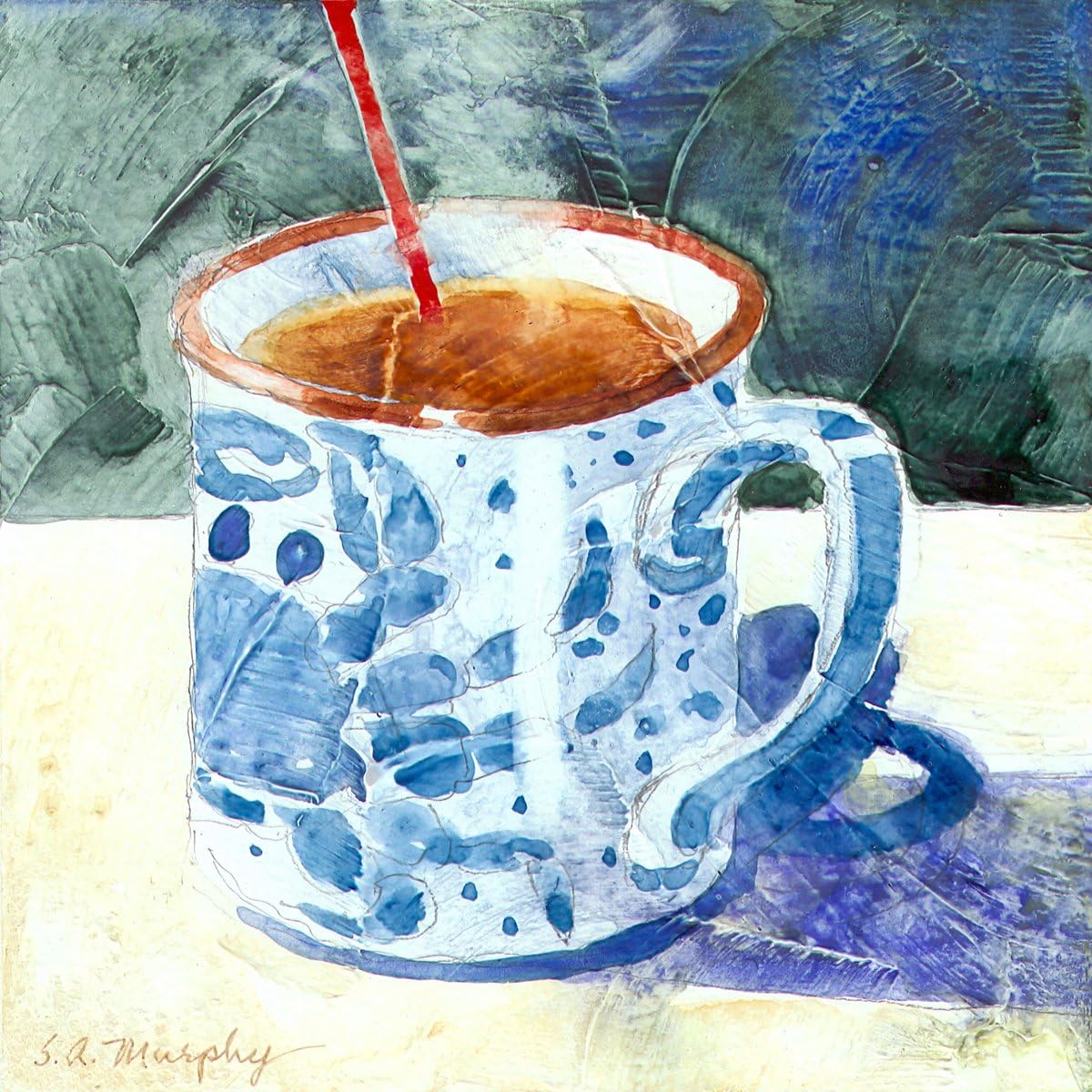 Blue Crab Mug, Giclee Print of Watercolor Still Life, Cup of Tea or Coffee with a Picture of a Maryland Blue Crab on The Side, 6 X 6 Inches