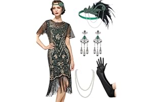 SWEETV Great Gatsby Lace Neck Flapper Dress - 1920s Dress for Women With Sleeve - Roaring 20s Costume