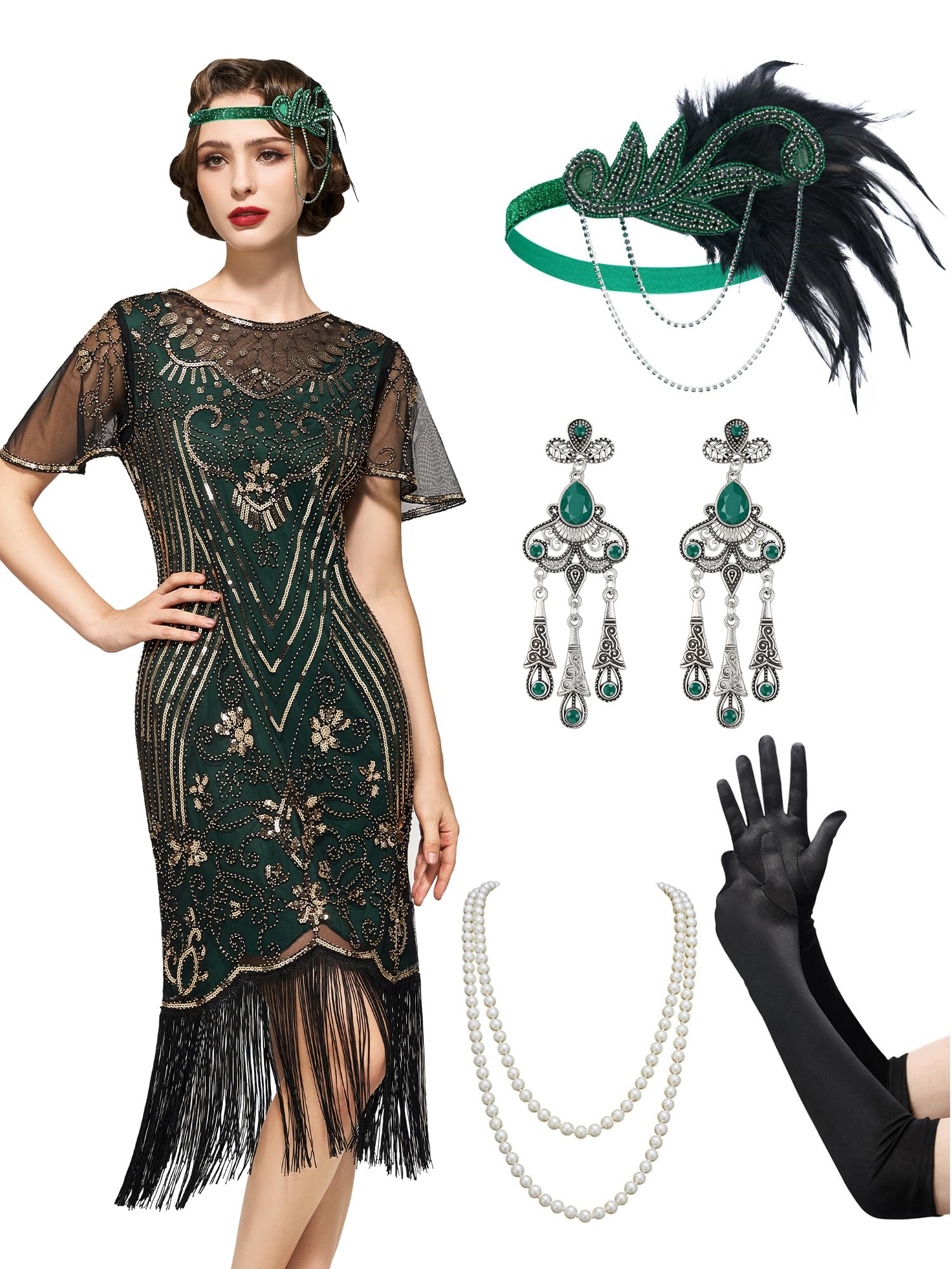 Photo 1 of SWEETV Great Gatsby Dresses for Women,Lace Neck Flapper Dresses 1920s Dresses For Women Roaring 20s Dresses With Sleeve For Harlem Nights/Formal/Party/Prom/Club/Wedding-Gatsby Costume,Medium,Green