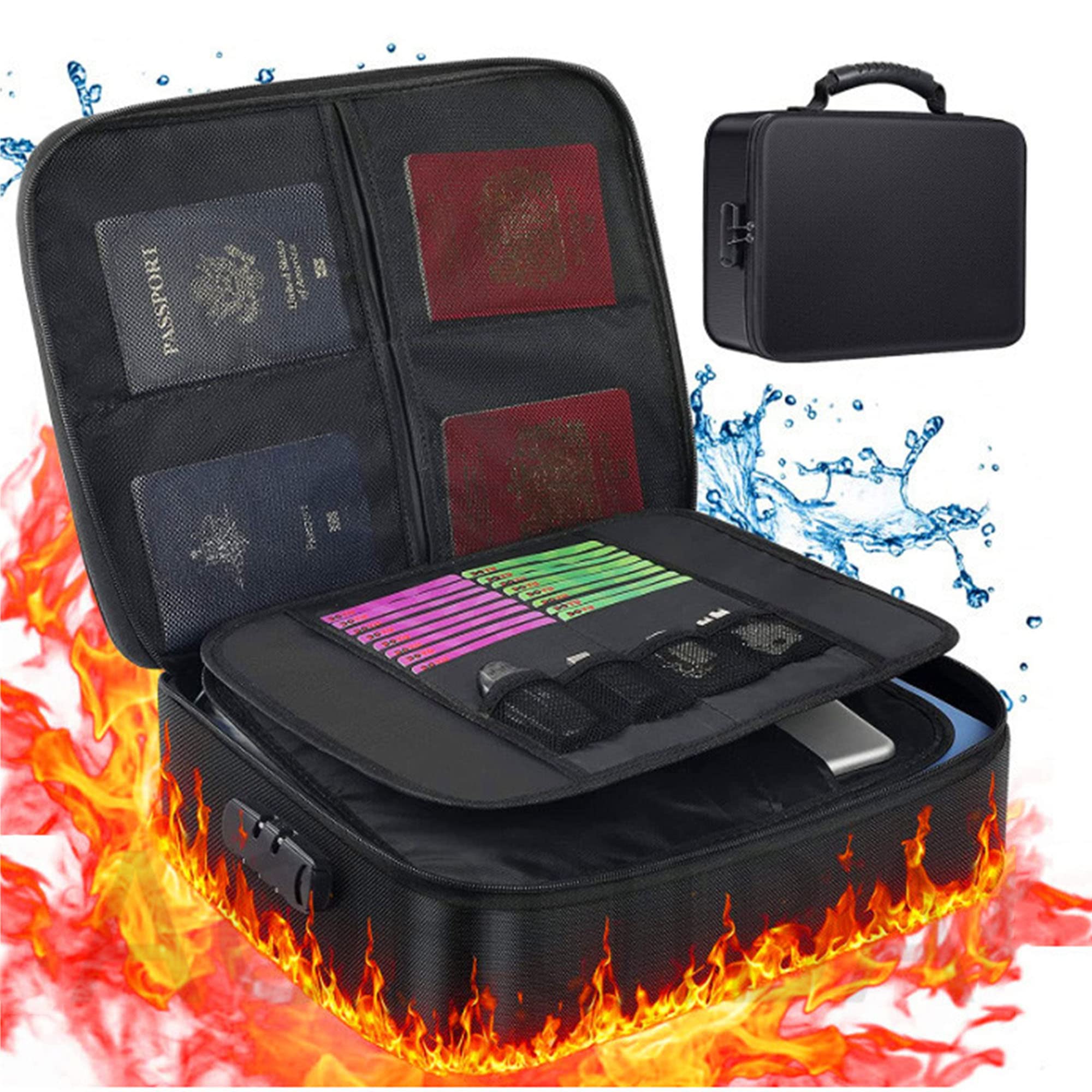 File Storage Box Fireproof Document Bag Organizer with Safe Code Lock Large Capacity Multi-Layer File Storage, Money, Documents, Jewelry, Zipper Closure for Maximum Protection, Diploma(Black)