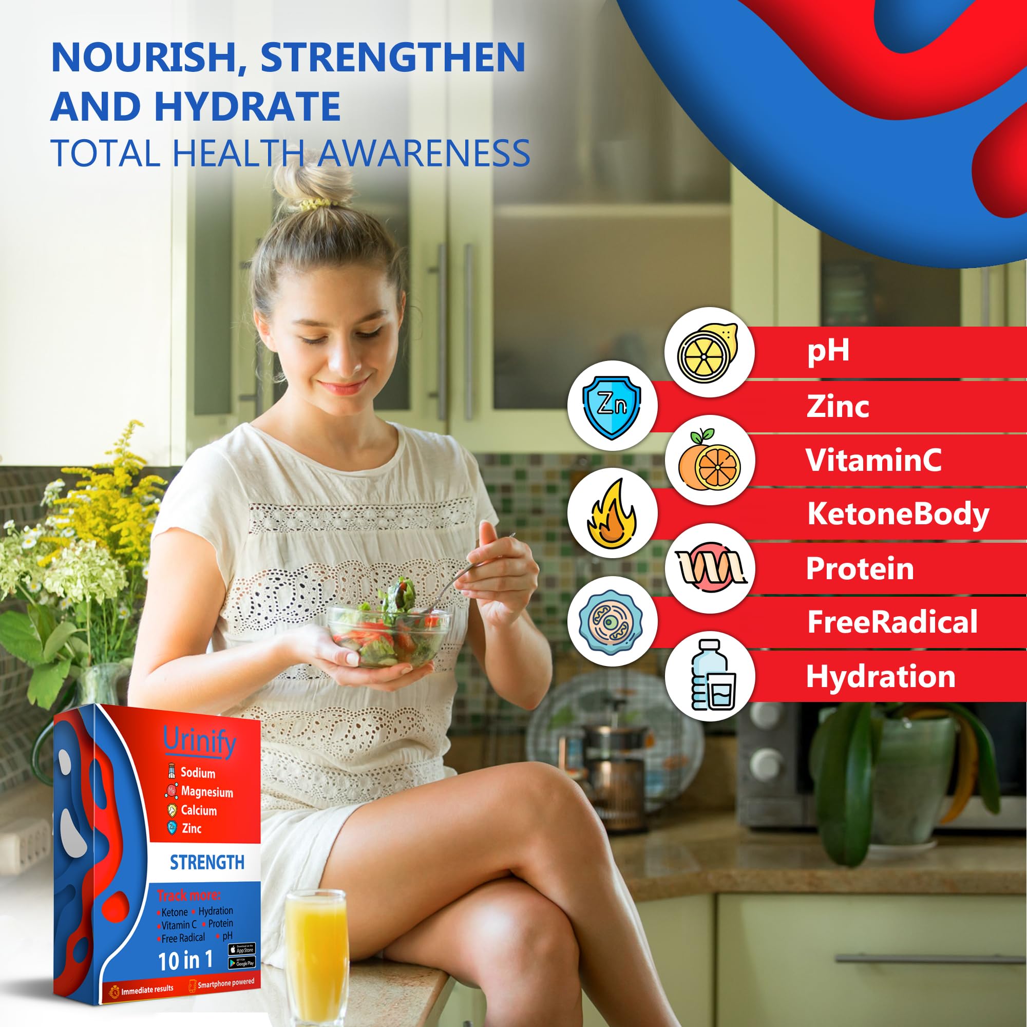 Mobile App Urine Test Strips -Trusted at Home Sodium, Salinity, Magnesium, Calcium, Electrolytes, Hydration, pH, Vitamin C, Protein, Keto Urinalysis Test Kit - Strength Kit (6 Strips)