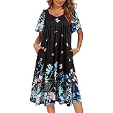 Ekouaer Women's House Dress - Pleated Nightgown with Short Sleeves & Pockets